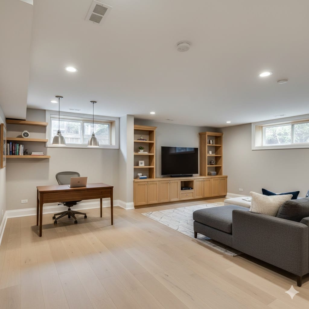 Basement finishing with modern living space in Chicago